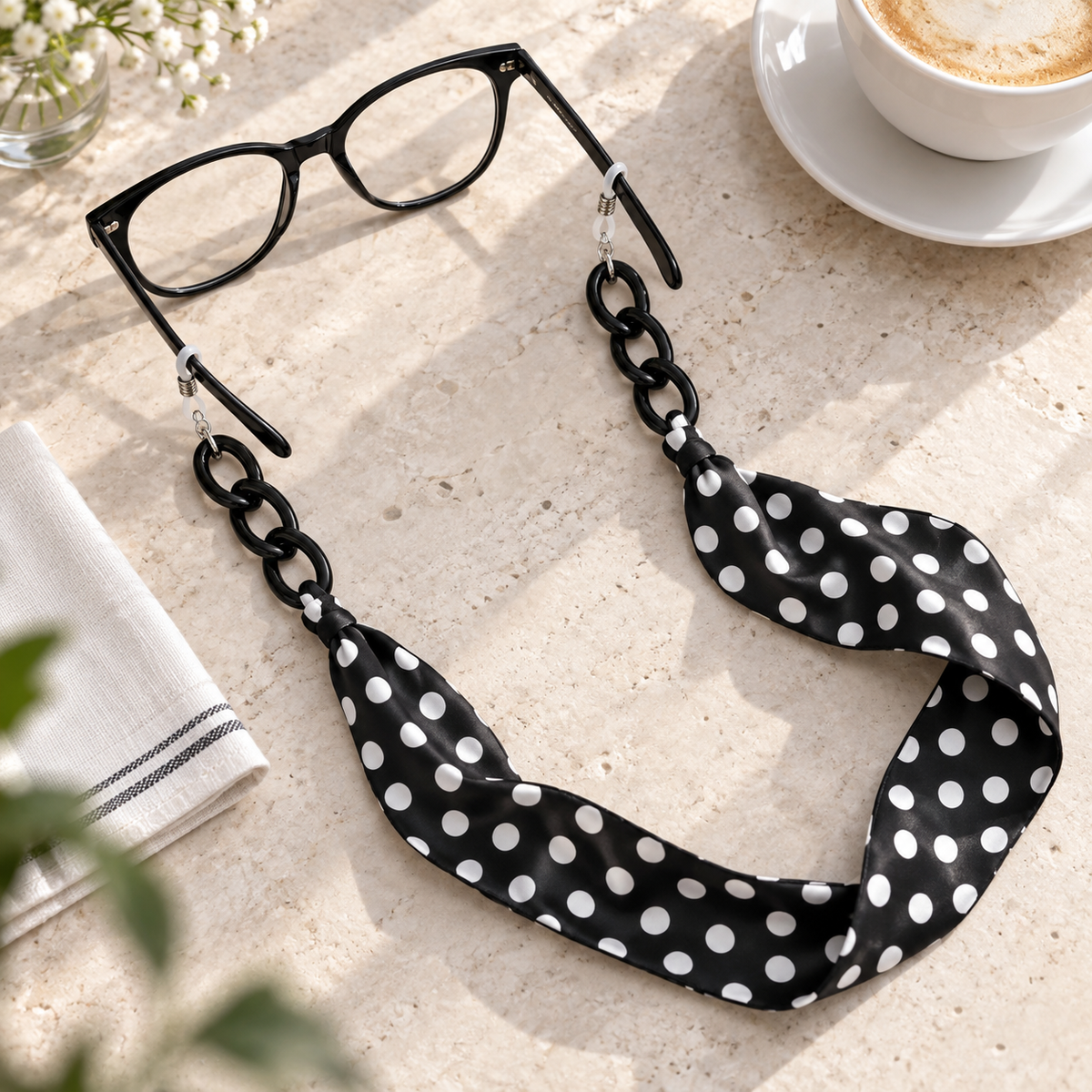 Řetízek na brýle SR7821 s černou puntíkovanou šátkem